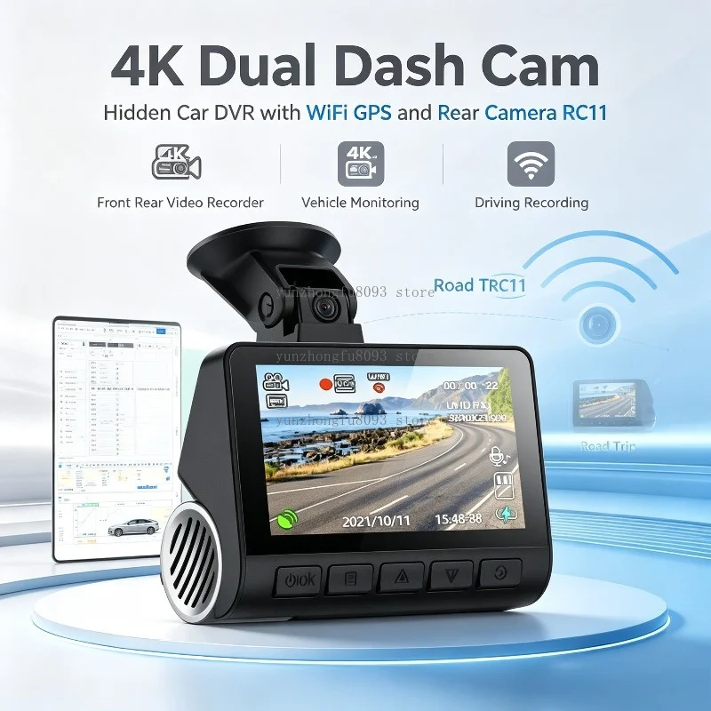 4K Dual Dash Cam, Hidden Car DVR with WiFi GPS and Rear Camera RC11, Front Rear Video Recorder for Vehicle and Driving Use