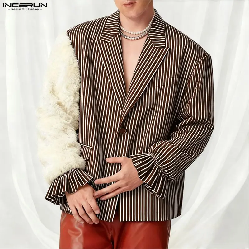 INCERUN Men Blazer Plush Striped Patchwork Lapel Long Sleeve Button Male Suit Streetwear Elegant Fashion Casual Thin Coats Men