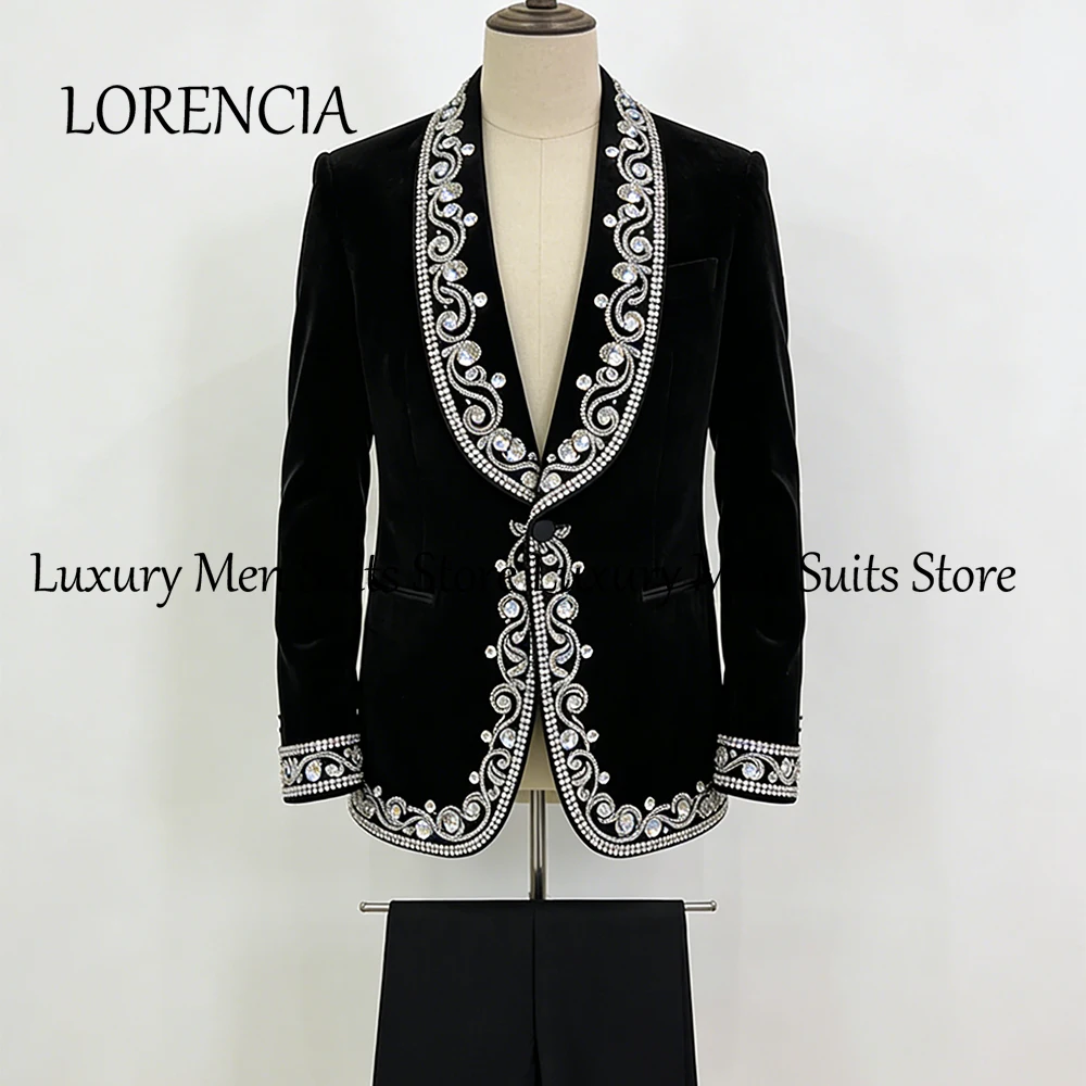 

Formal Crystal Suits for Men 2 Pieces Jewelry Tuxedos Set Evening Party Outfits Male Prom Customized Blazer Pants ropa hombre