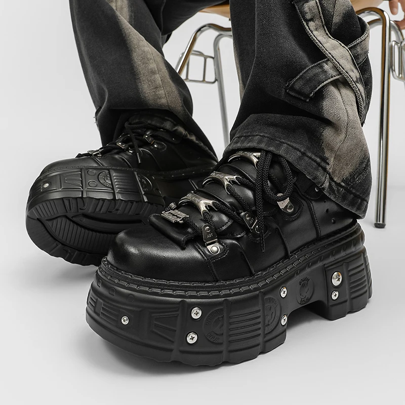 

Casual Male Runway Shoes Platform Metal Toe Chunky Sneakers Men Gothic Punk Style Sneaker Rock Design Black Walking Shoes Trafza