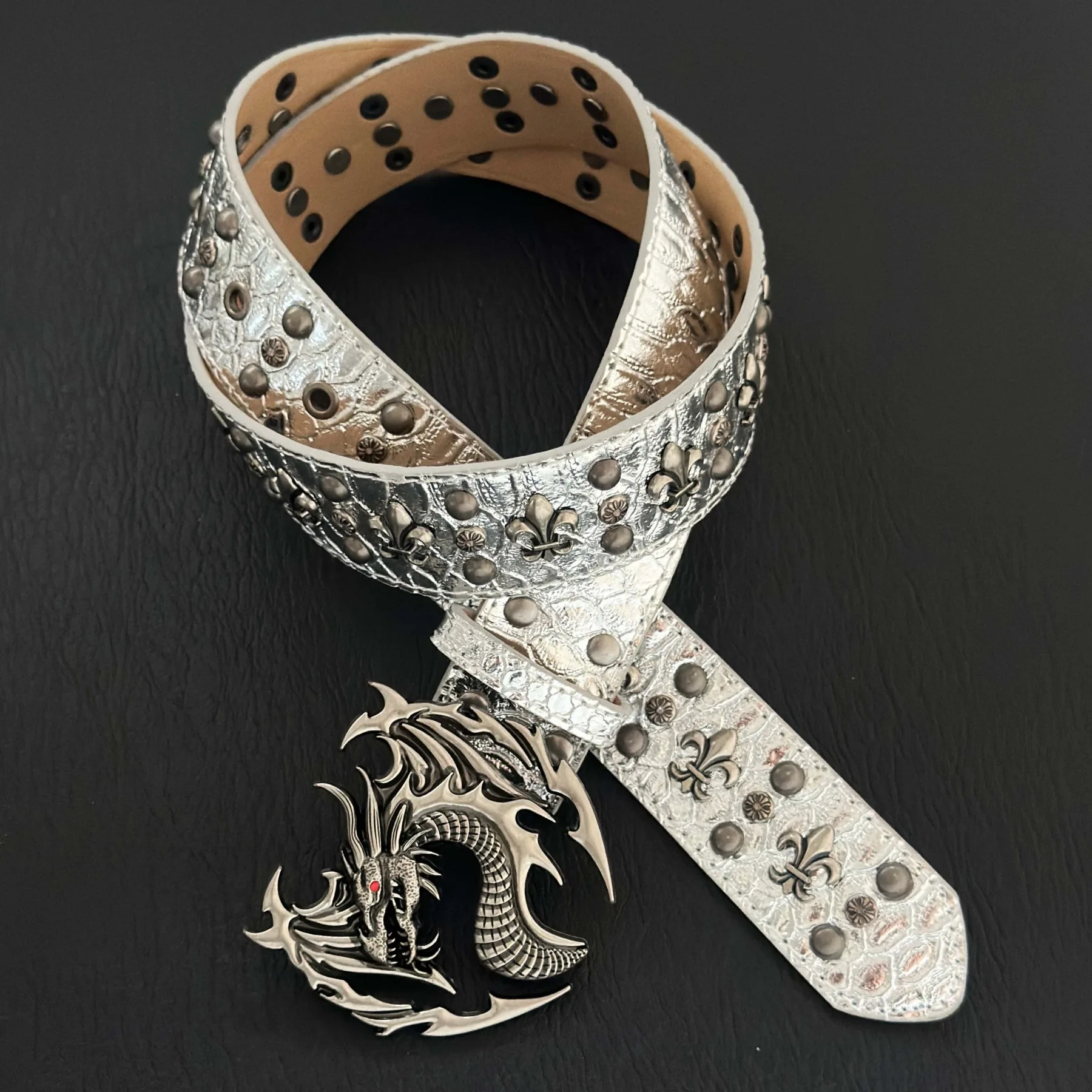 Men's Punk Studded Belt Vintage Dragon Head Buckle Crocodile Print Faux Leather Iris Stud Accents Biker Rock Gothic Style Belt