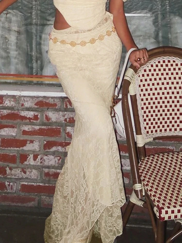 플로럴 레이스 투피스 세트 섹시 시스루 하이웨이스트 스커트 & 탑 우아한 패치워크 롱 스커트 여성 감성 의상 패션