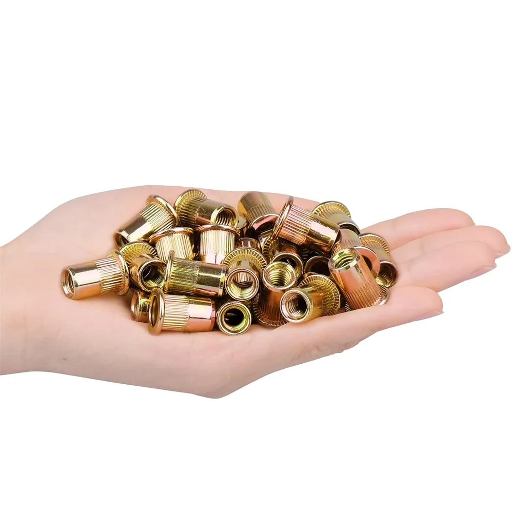 100pcs M3/M4/M5/M6/M8/M10/M12 Metric Rivet Nuts Zinc Plated Carbon Steel Threaded Insert Nut Nutsert Flat Head Knurled Body