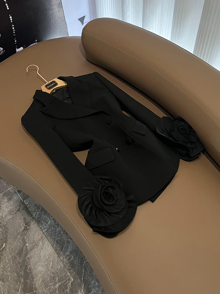 

Приталенный двубортный костюм-джат с манжетами и цветочным декором, длинная све, женская верхняя одежда Faion