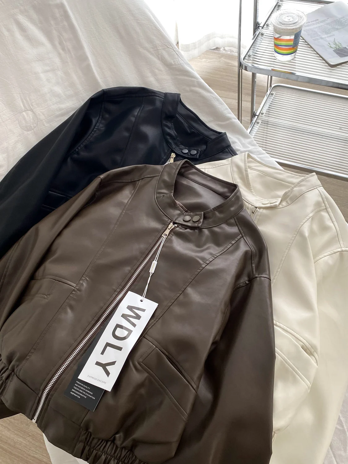 

Faionable Hong Kong Sle Loose Fit Women's Jaet Coat ort Leather irt Long Sve Button up Zipper Casual Top