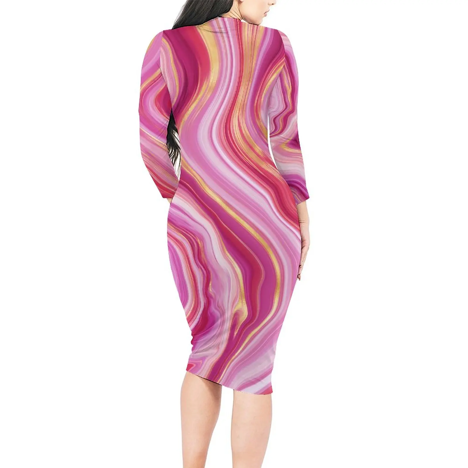 Marble Print Dress Women Pink Liquid Aesthetic Bodycon Dress Spring Long Sleeve Kawaii Dresses Graphic Oversized Vestidos