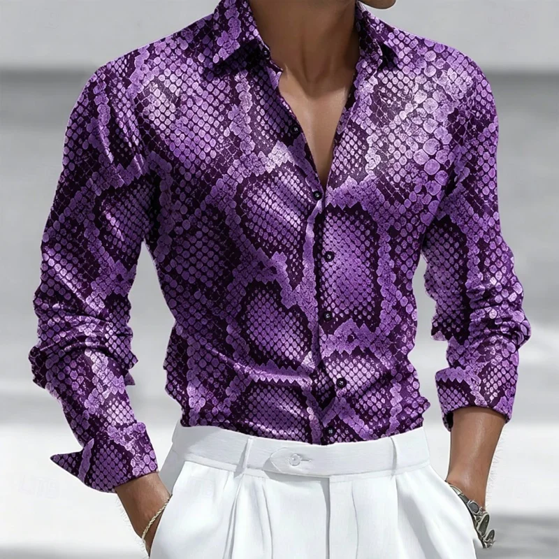 Men's Snake Skin Print Long Sleeve Shirt Brown Casual Button Down Blouse Shirts For Men Elegant Long Sleeve Casual Formal Shirts
