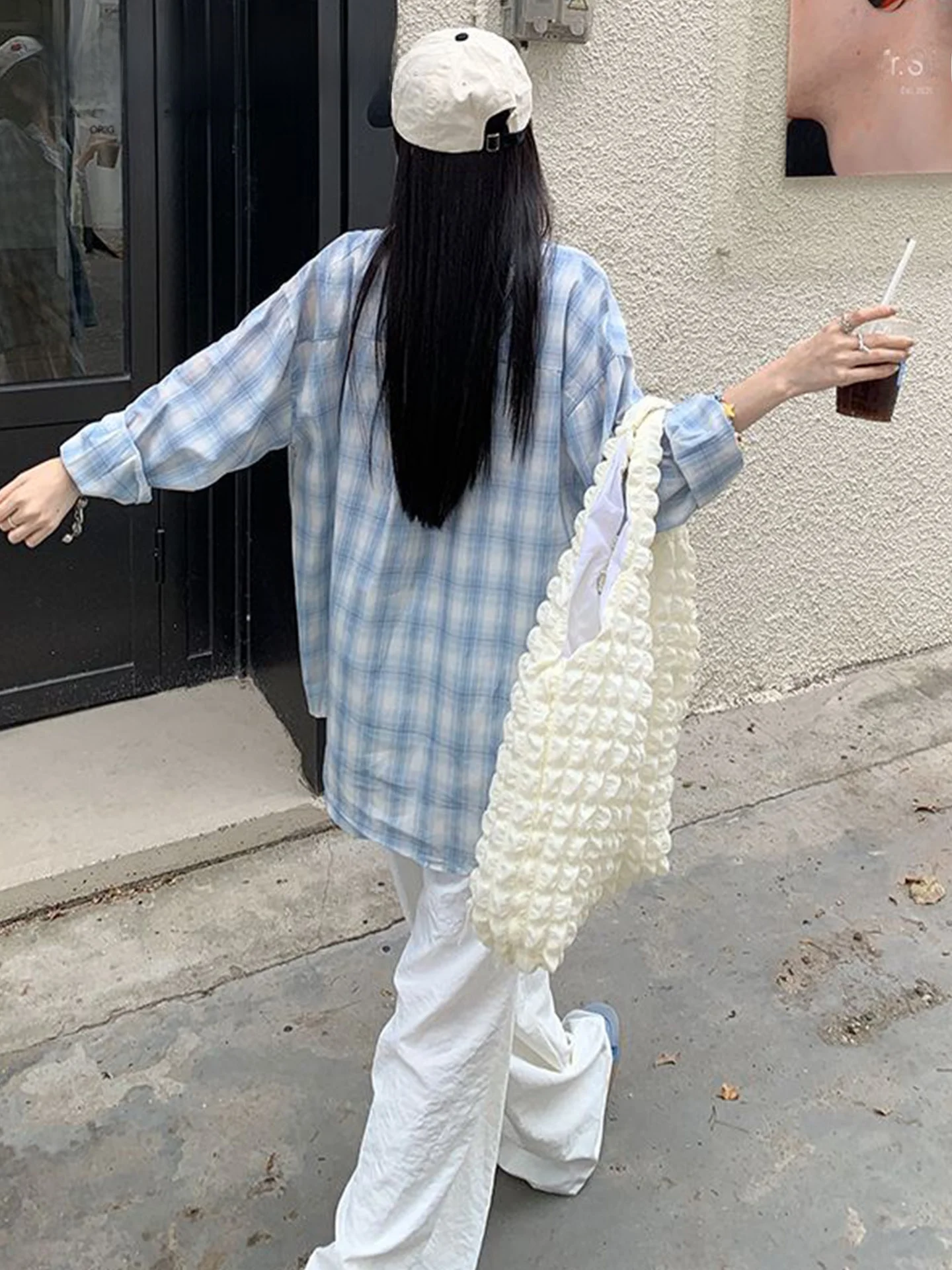 Korean Blue Plaid Design Casual Loose Long Sleeve Shirt Summer New Style Lazy Fashion Slimming Casual Versatile Women's Shirt