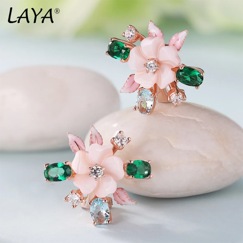 

Laya 925 Sterling Silver Luxury Jewelry Fashion High Quality Zirconium Natural Shell Flower Green Leaf Enamel Earrings For Women