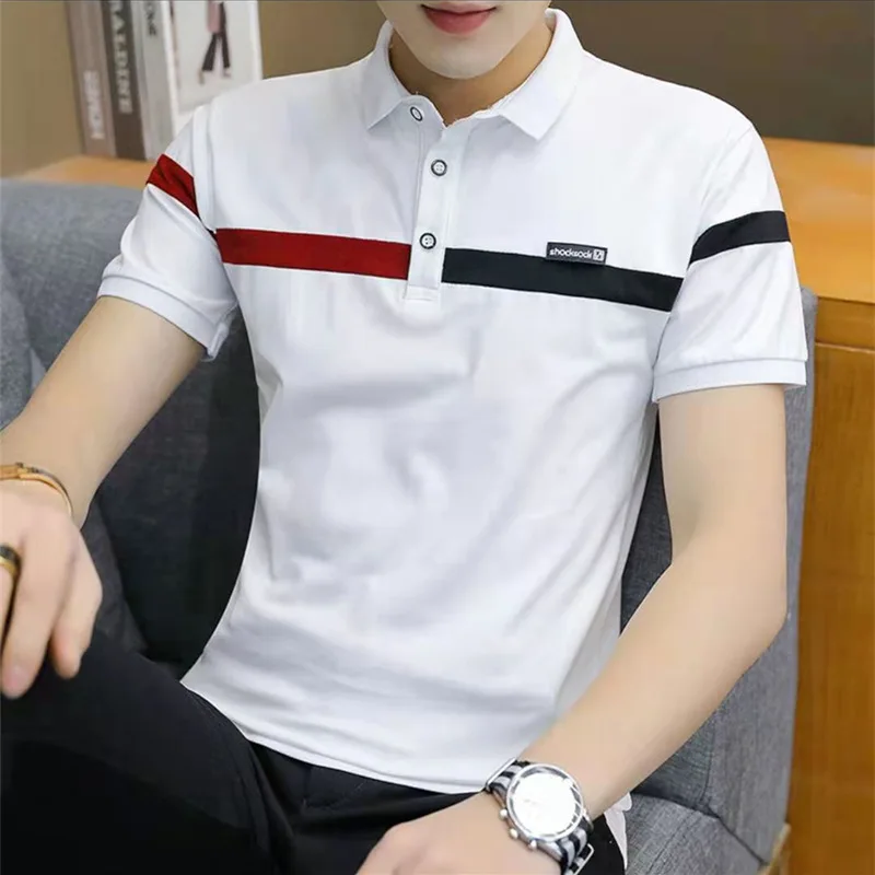 Men\'s Summer Casual Cotton Polo Shirt Fashion Slim Comfortable Versatile Streetwear Top Lapel Spliced Short Sleeve T-shirt