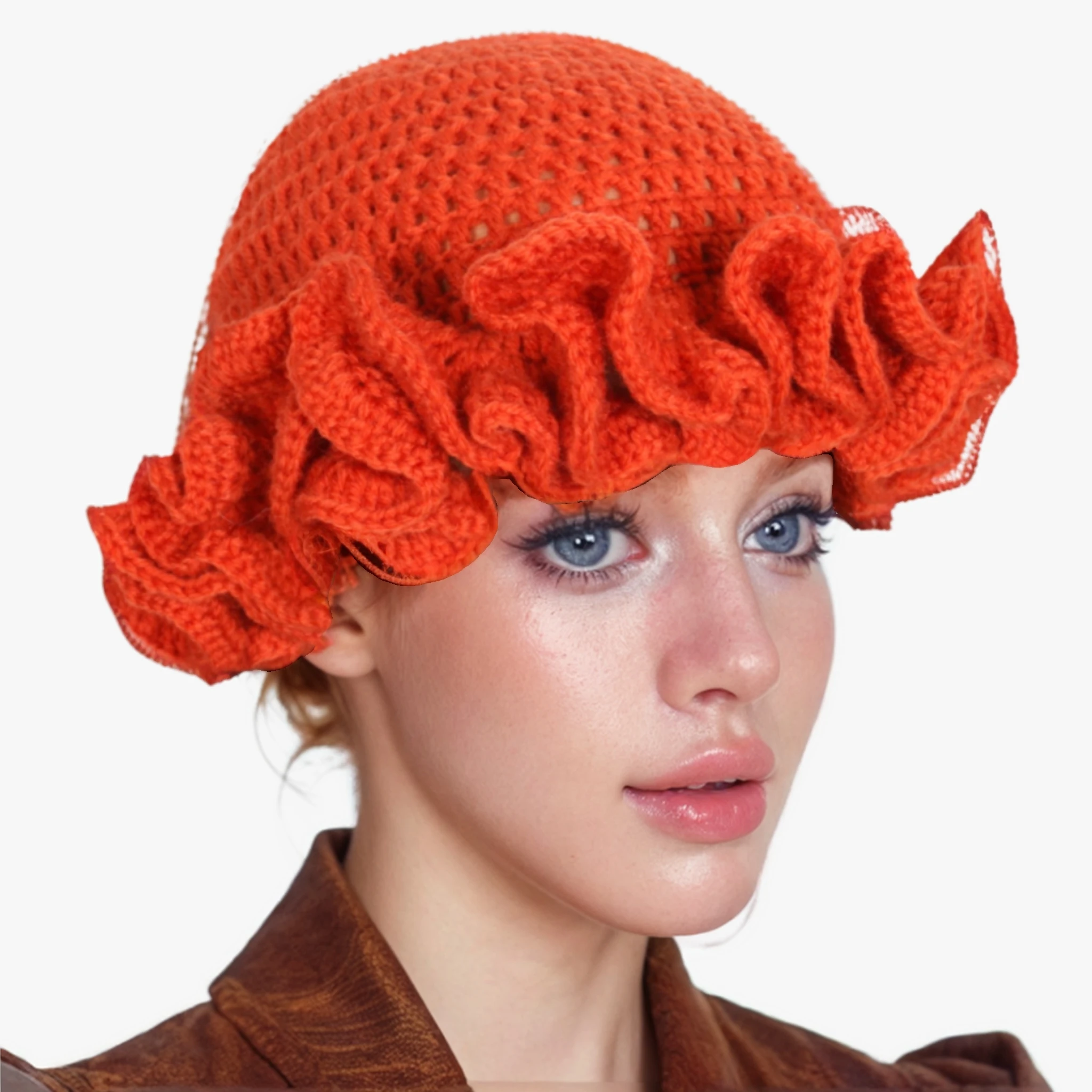 Handmade knitted hat with pleated ruffle edges and lace for both men and women, quirky and creative adult hat