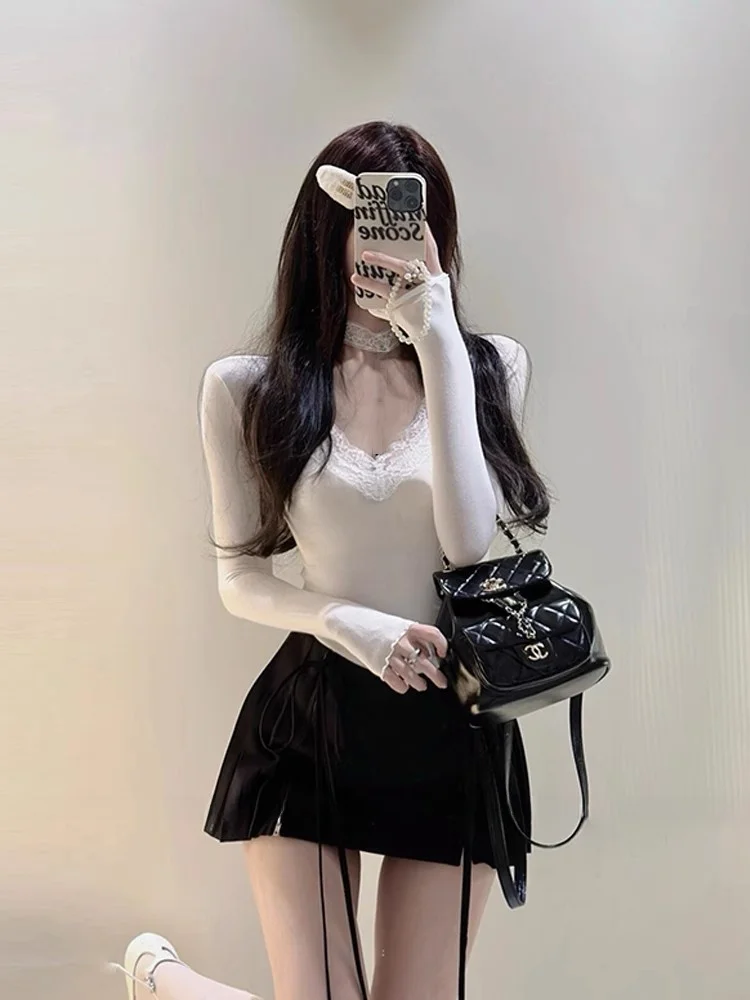 

Комплект XZY: Сексуальный кружевной топ с V-образным вырезом и юбка с завышенной талией для стройности, женский, на раннюю осень, модный, больших размеров, в корейском стиле, для офиса