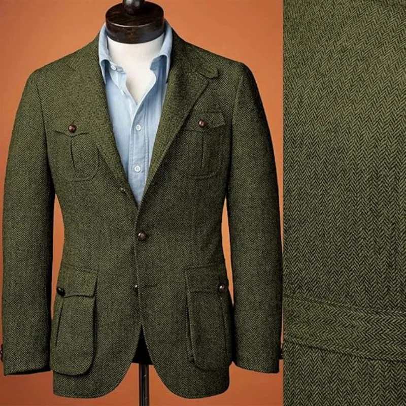 

Multi-Pocket Hunting Jacket Herringbone Tweed Men's Sporty Formal Suit Vintage Elegance Menswear