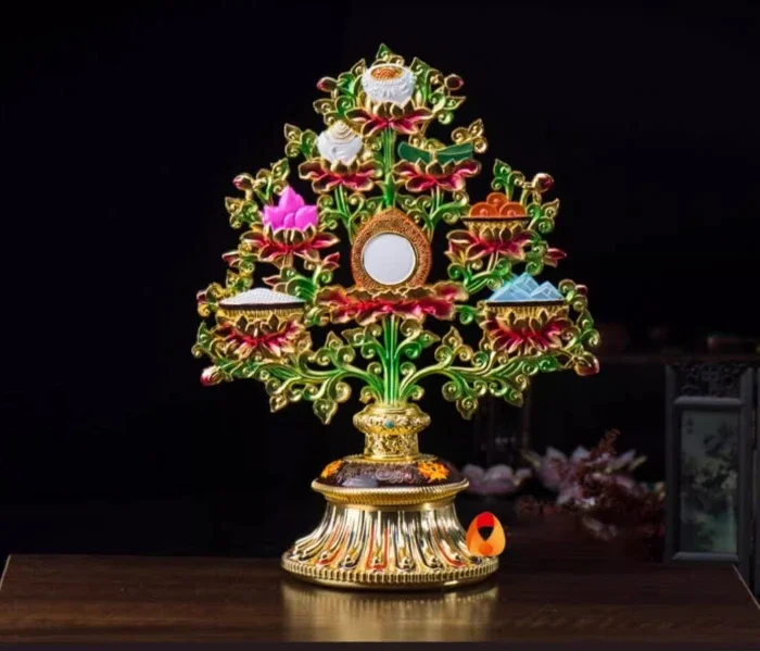 Multicolor tibetano inciso di buon auspicio otto tesori albero in lega tantrica artigianato buddismo altari interni desktop decorativo