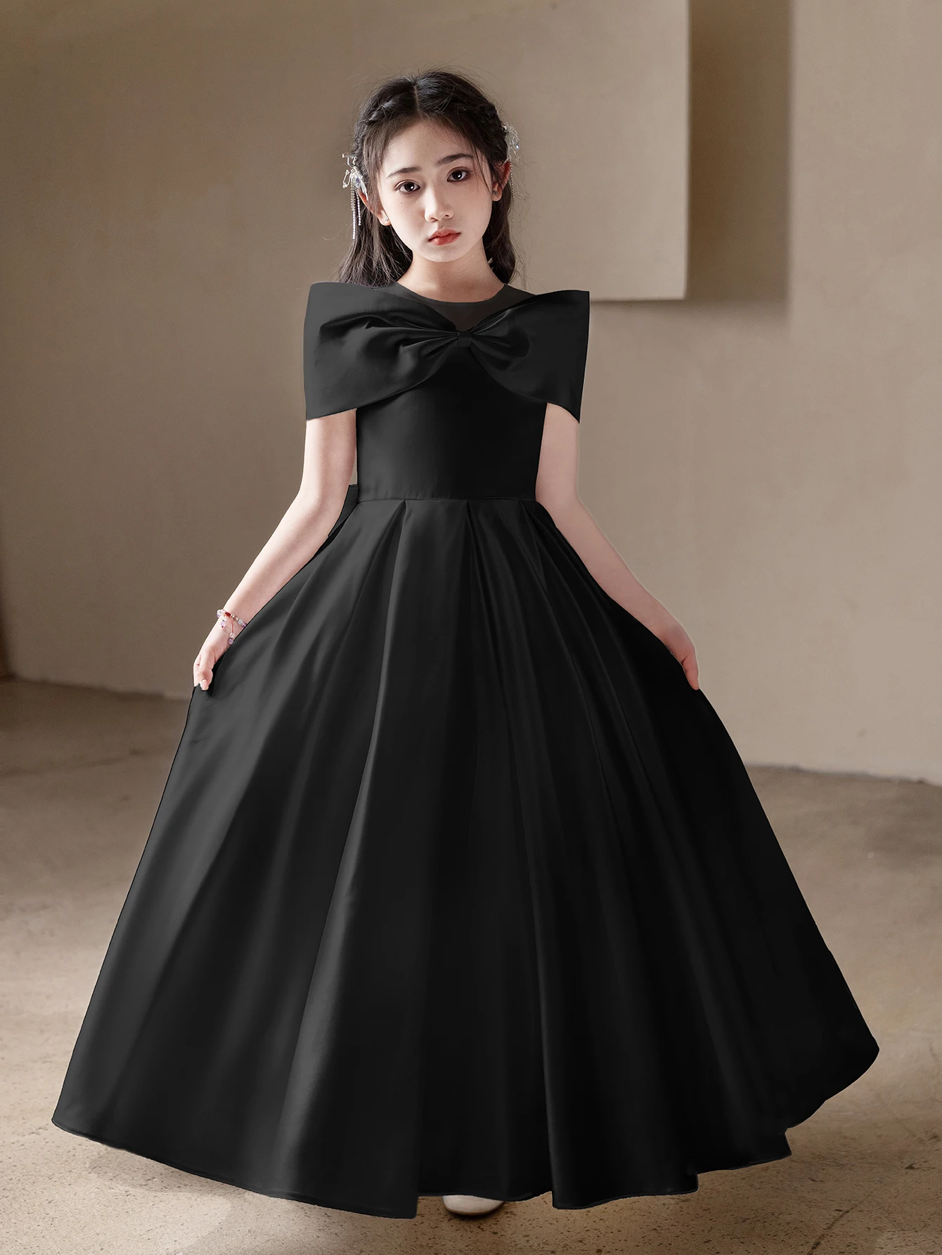 Vestidos largos negros de gama alta para niñas y adolescentes, fiestas de cumpleaños para niños, bodas, vestidos de noche con lazos grandes