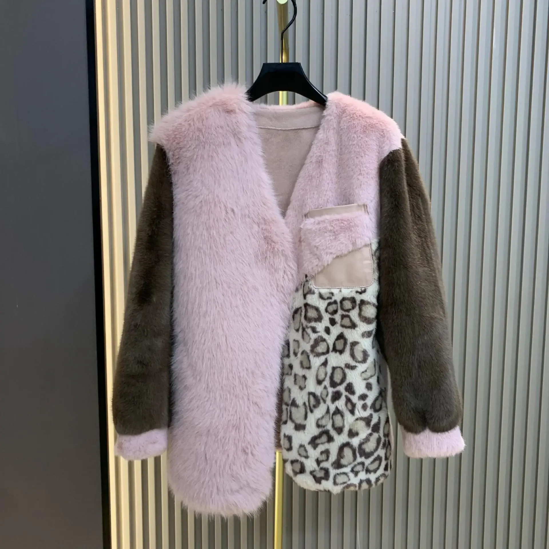 Young Lady European Mink Imitation Fur Coat 2024 New Leopard Print Color Matching Loose Casual Coat Winter Clothes Women