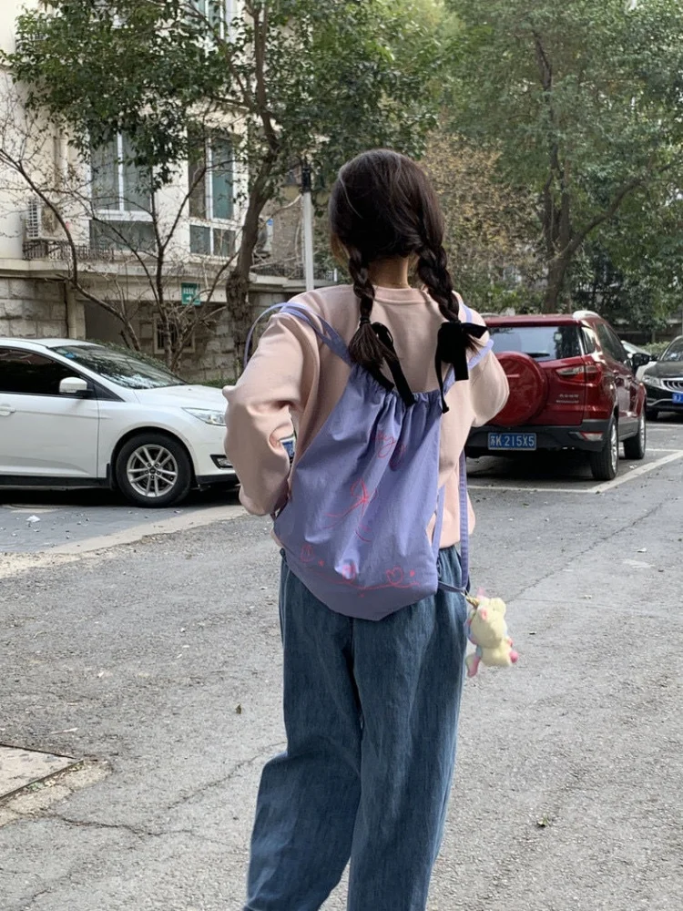 Mochila de viaje escolar con lazo púrpura para niña, mochila informal con cordón, a la moda