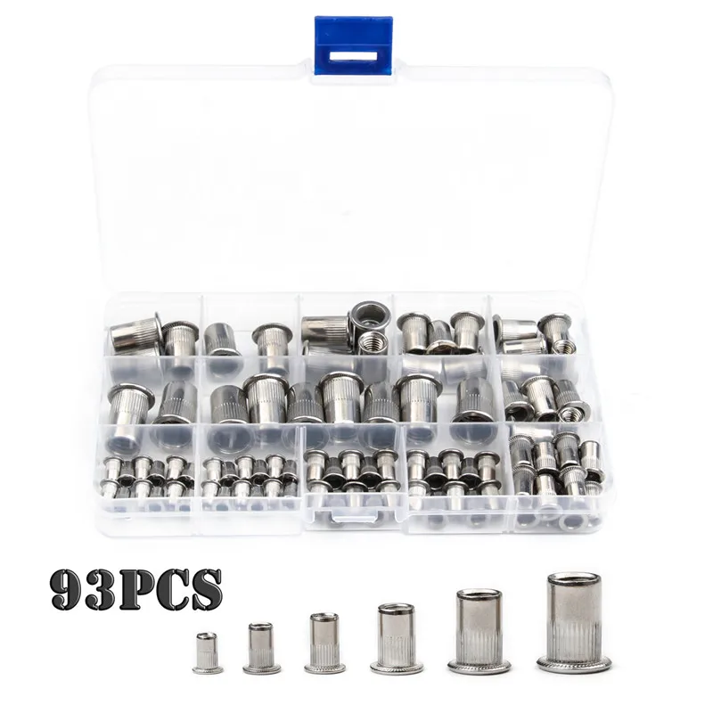 93Pcs M3 M4 M5 M6 M8 M10 Flat Head Stainless Steel Rivet Nuts Set Insert Reveting Multi Size Stainless Steel Rivet Nuts Set