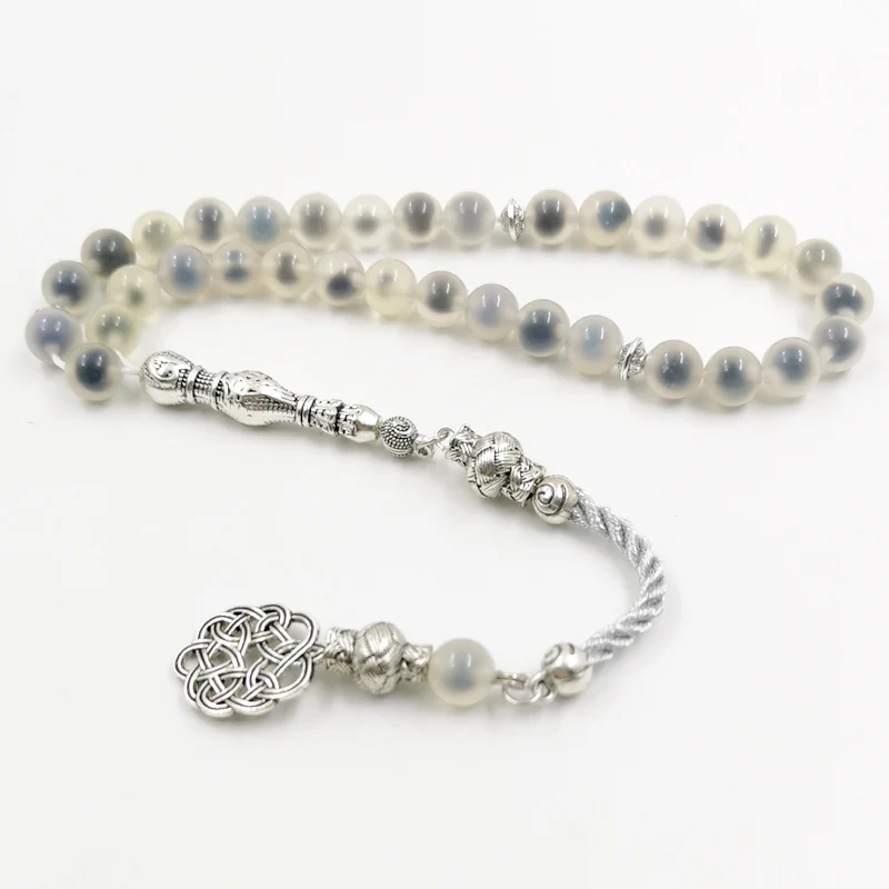 Tasbih Natural white agate inside black agate muslim 33 prayer bead islamic misbaha bracelet turkish jewelry eid gift