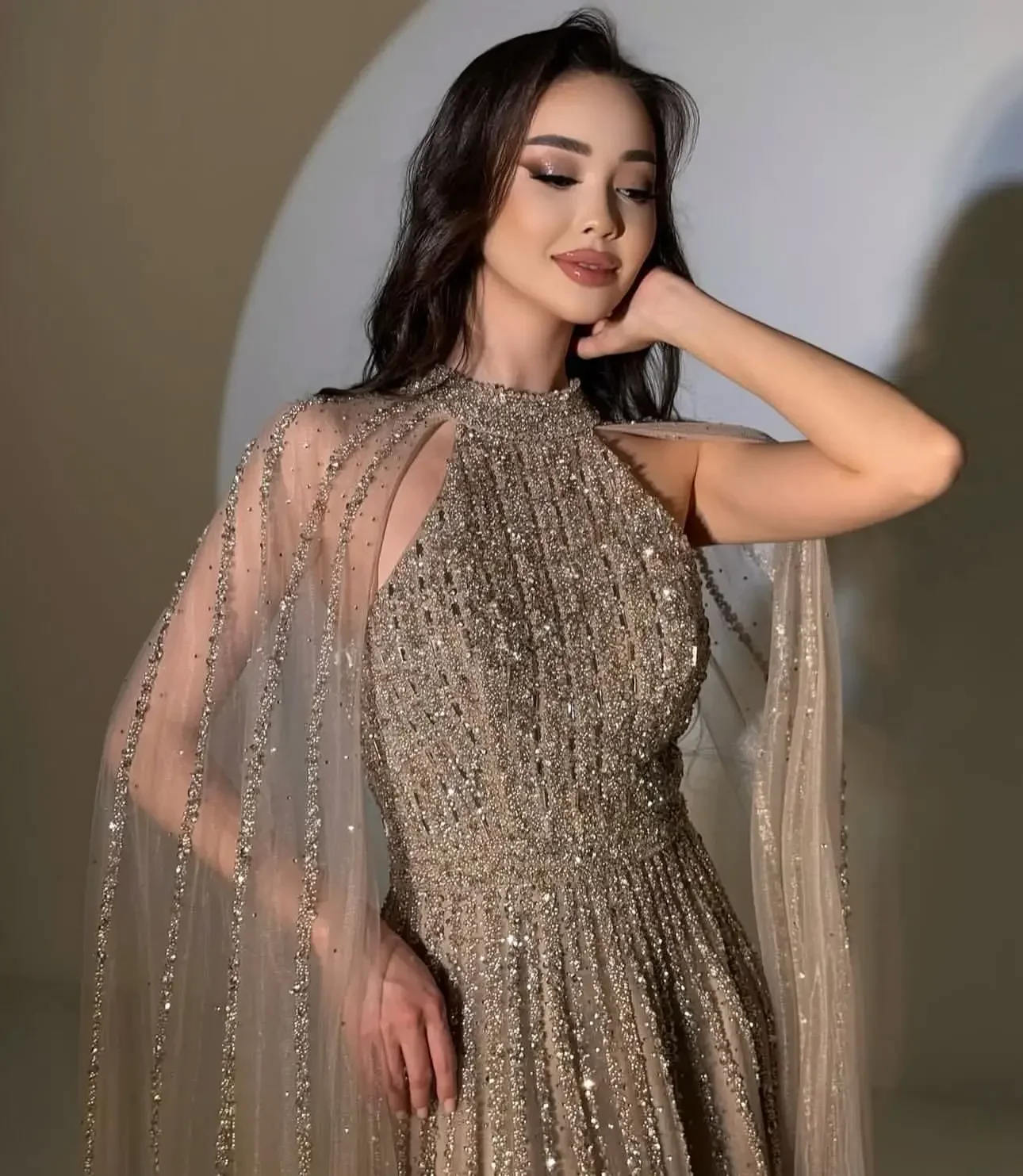 Aunber Luxury Champagne Sequin Ombré Evening Dresses High-Neck Halter Prom Dresses With Sheer Cape Party Dresses image 2