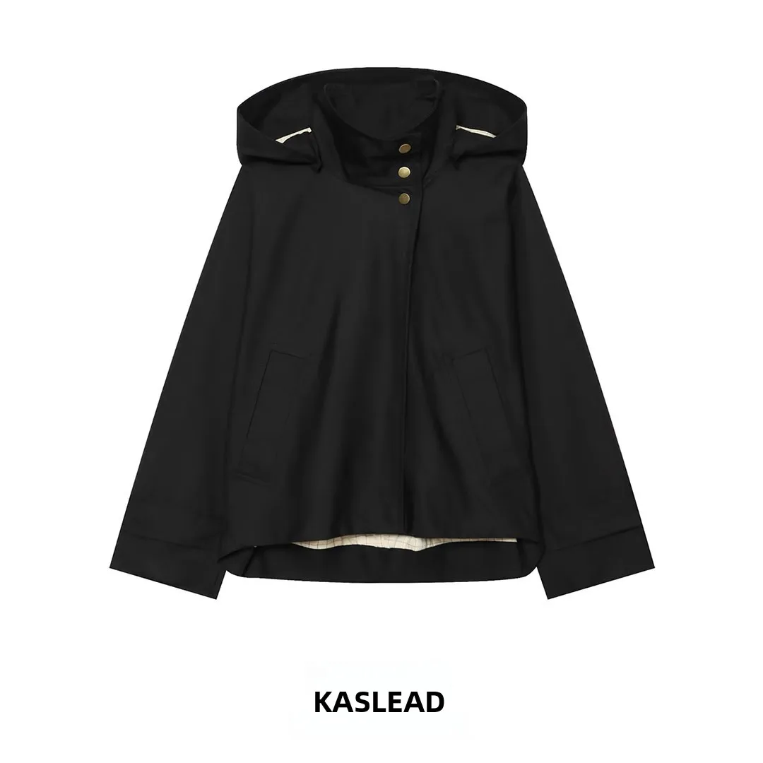 KASLEAD New Women's Long Sleeve Hooded Stand Collar Jacket Outerwear Polyester Fiber Button Closure Autumn Fashion Trend