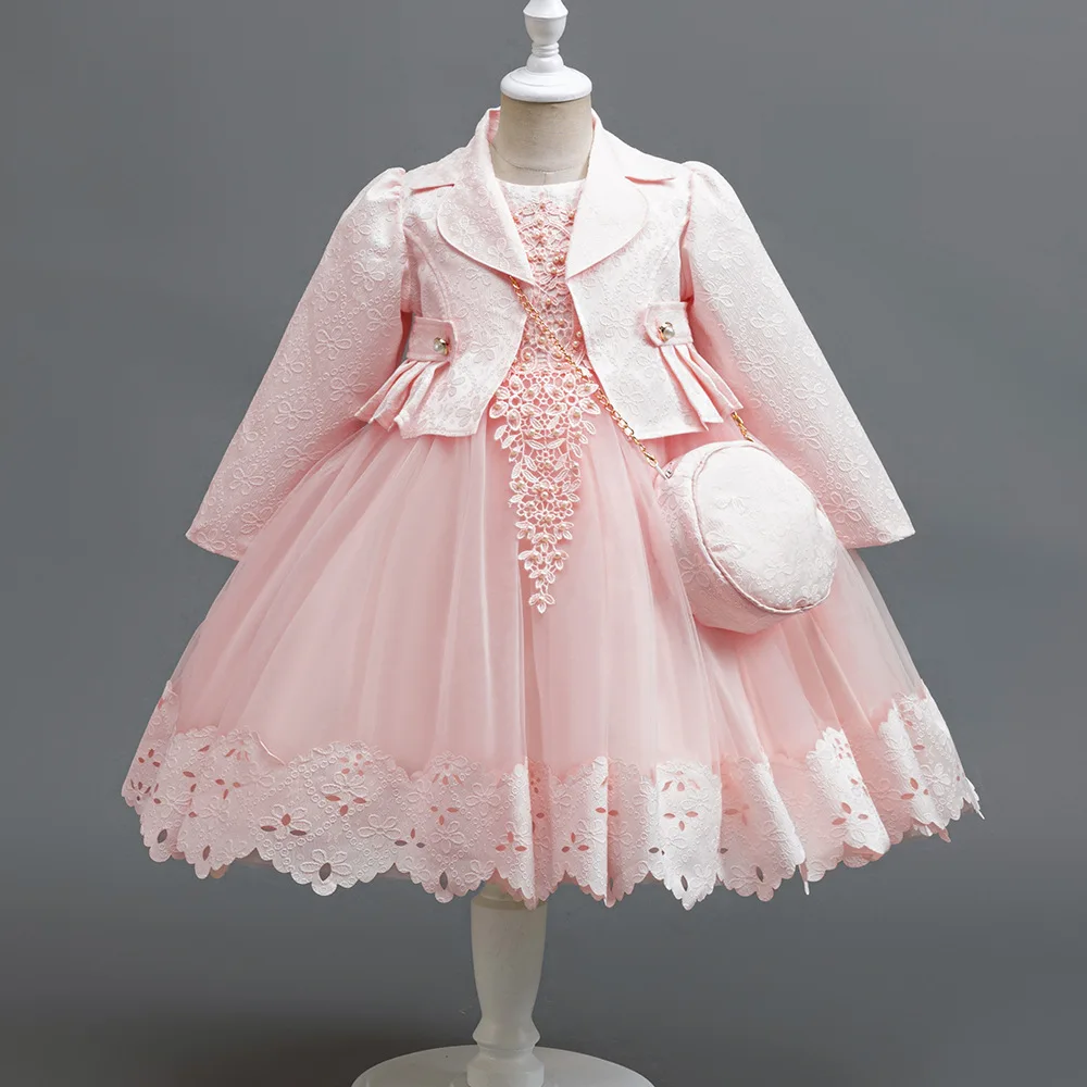 HETISO Dress for Girls Long Sleeve Coat with Bag Kids Princess Outfit Retro Lace Flower Children's Party Autumn Cllothing