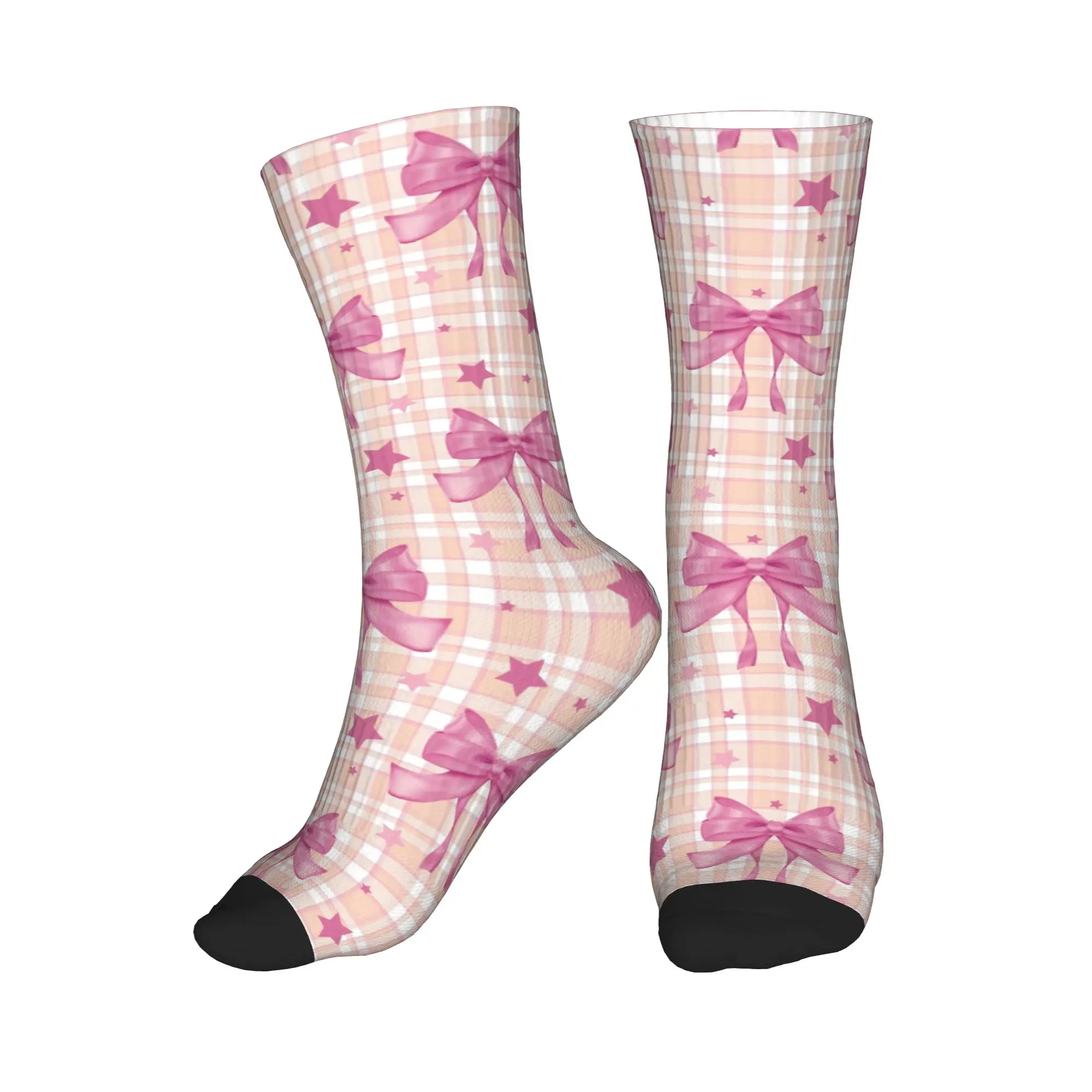 

Всесезонные розовые клетчатые носки с бантами и звездами, спортивные носки средней длины, супермягкие носки-круы, хип-хоп носки для мужчин и женщин