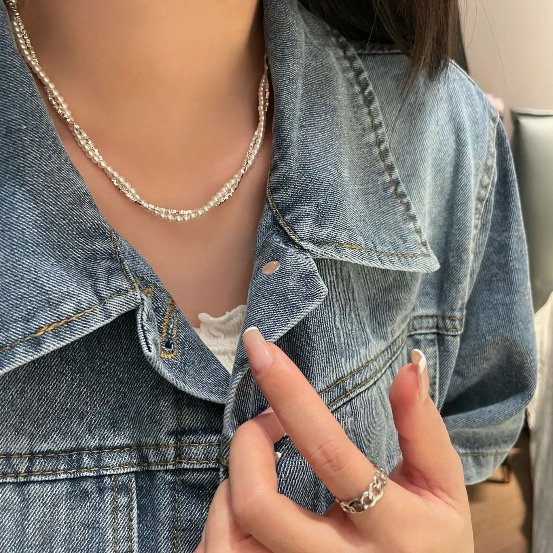 925 sterling silver pearl double layered necklace with women's high-end feel wrapped collarbone chain bracelet