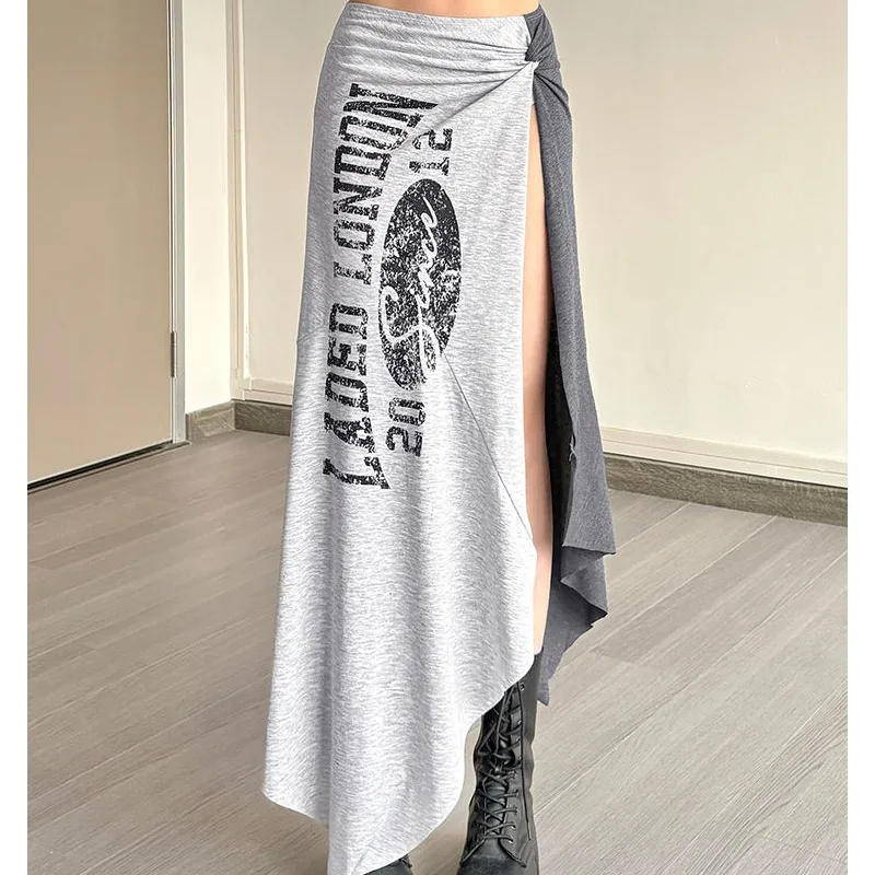Asymmetric Knee-Length Printed Half Skirt for Women Sexy Split Color Block Vintage American Sweet And Spicy Commute Style