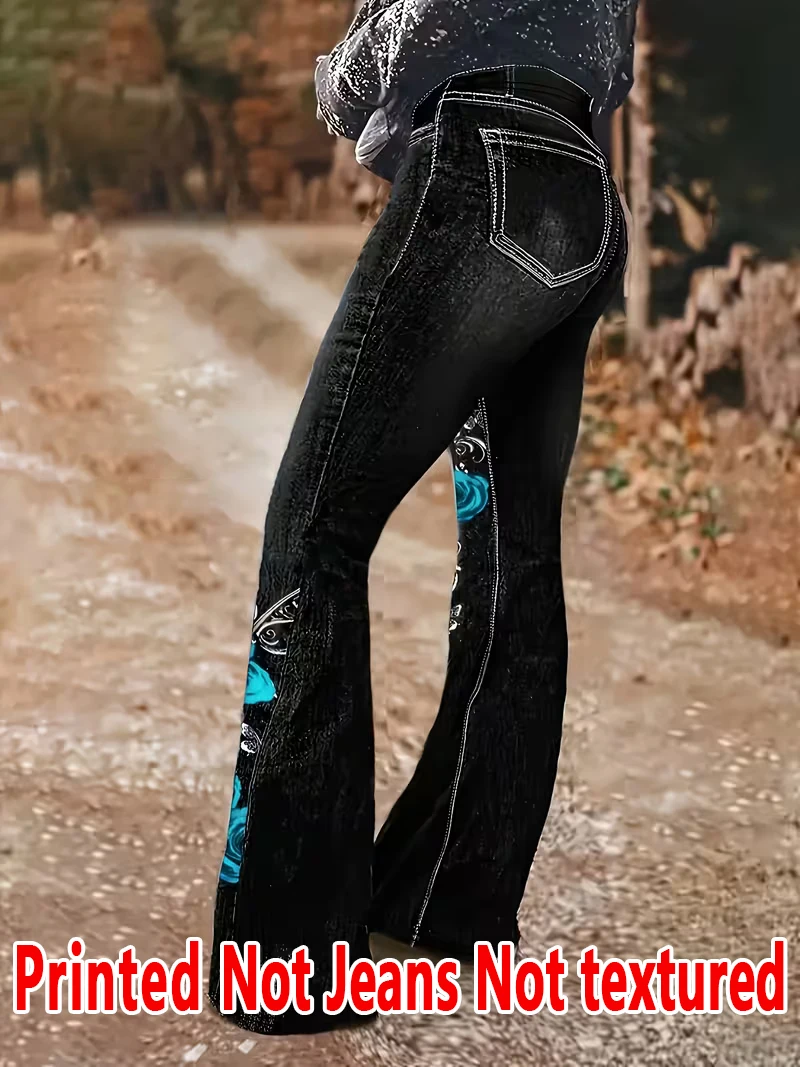 1313  Ladies Non-Leather Bell Bottom Pants Floral Print Denim Style Four Season Wearable Ladies Long Trousers