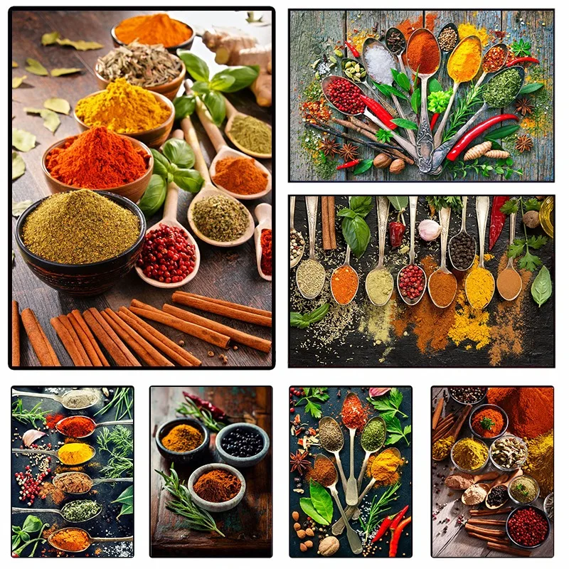 Modern Colorful Spices Chili Seasoning Spoon Posters and Prints Canvas Printing Wall Art Picture for Restaurant Kitchen Decor