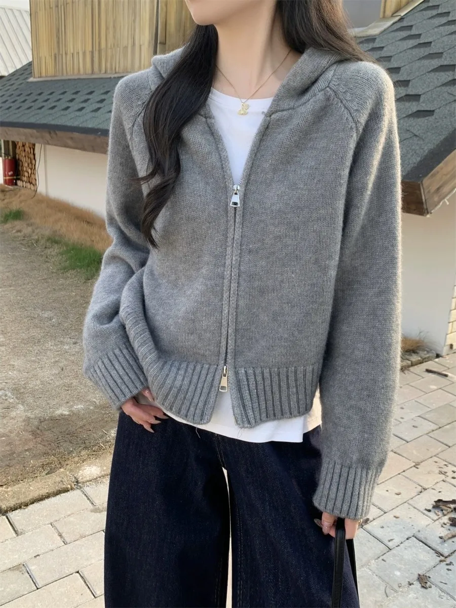 

ay Hooded Knitted Cardigan Women's ort Sle Inner Wear Autumn Winter New Korean Lazy Sle Zipper Coat Top Straight Tube