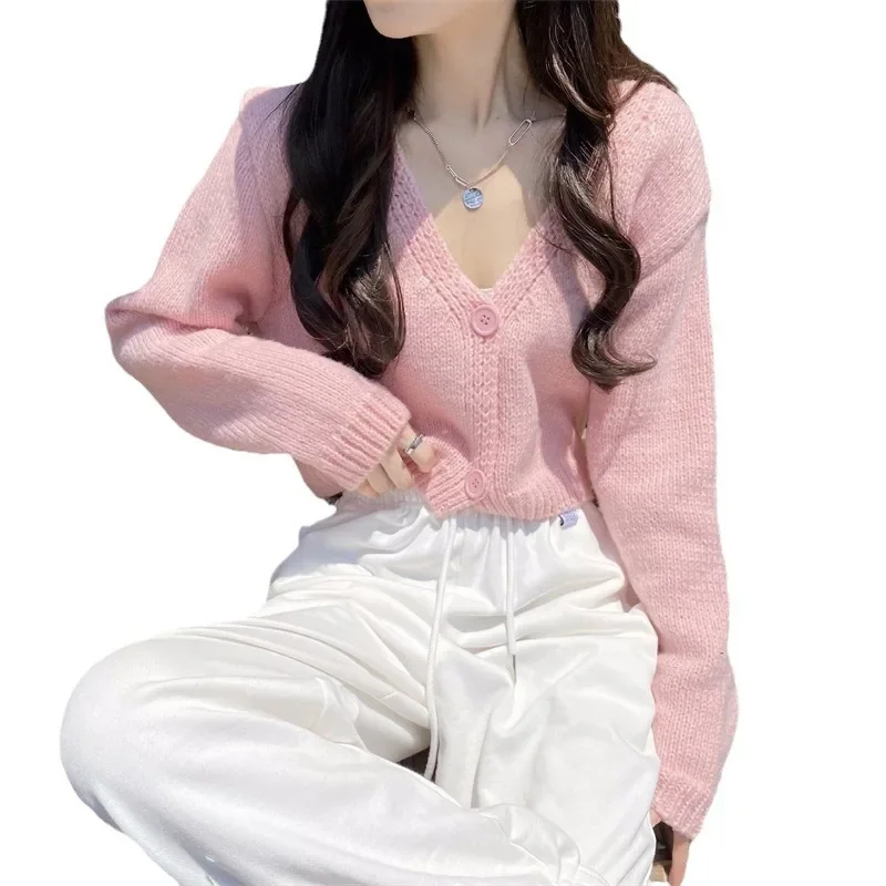 Nice Women's Clothing Pink V-neck Knitted Cardigan Coats Women Spring Autumn Draped Over Shoulder Sweater Short Base Chic Top Ja
