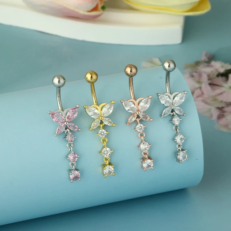 Wholesales 14 Gauges Belly Button Ring Dangling Navel Piercing jewelry Butterfly Dangling Belly Bar Stainless Steel Belly Button