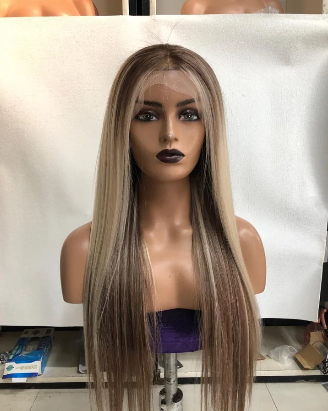 Wig Rambut Sintetis Ombre Pirang Kotor Lurus Lace Frontal 13x4 Pirang Abu Gelap dengan Akar Gelap Wig Akar Gelap untuk Wanita