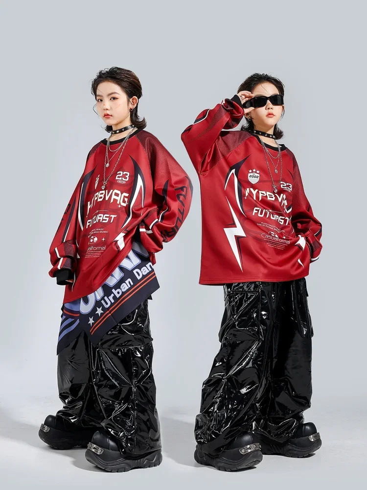 

Boy Hip Hop Red Top Black Faux Leather Pant Camouflage Streetwear Pant Girl Group Jazz Dance Costume Kids Street Dance Clothes