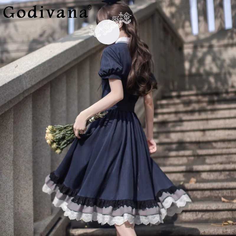 الربيع الصيف الحلو لوليتا فستان السيدات الأصلي الأنيق الرجعية الأزرق الداكن فستان الأميرة المرأة الصيف فستان قصير الأكمام