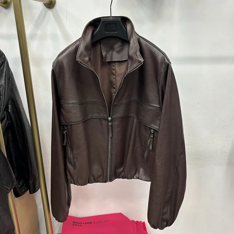 

Women Spring Coffee Genuine Sheepskin Leather Short Jacket Coat Autumn Loose Real Leather Overcoat