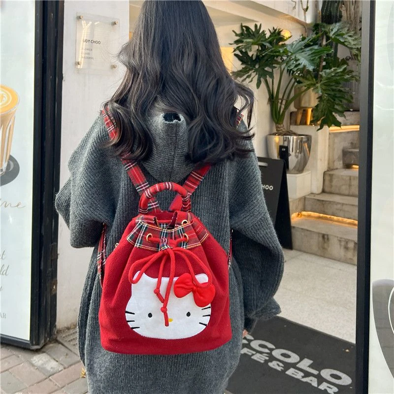 Sanrio-Mini mochilas rojas de Hello Kitty para niña, bolso de hombro Vintage de estilo japonés coreano, bolso de moda Y2k, dibujos animados de Navidad