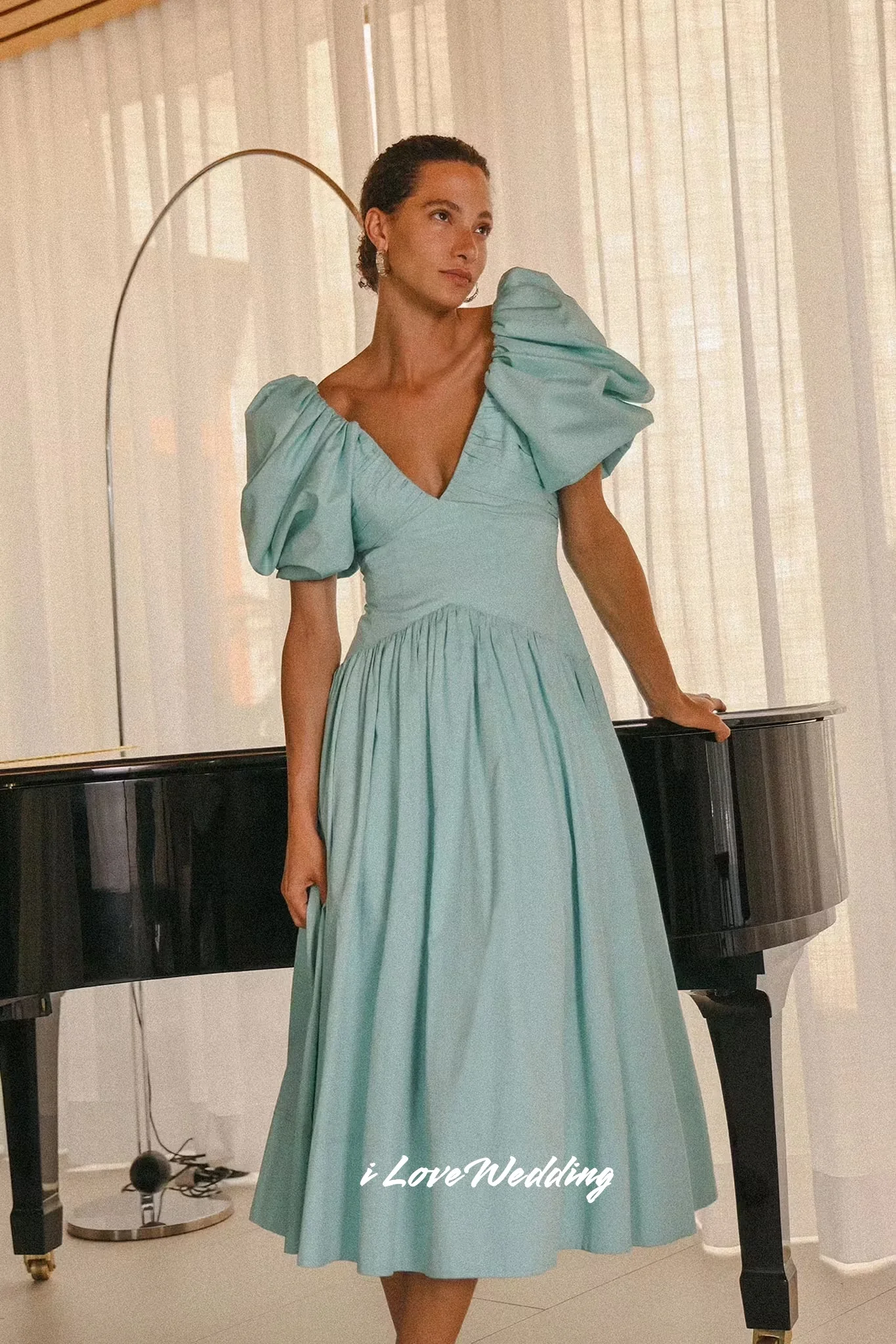 

Blue V-Neck Prom Dresses 2025 Puff Sleeve A-Line Ankle-Length Elegant Evening Dress Pleated Wedding Party Dresses Customized