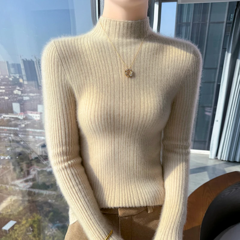 2025 New 100% Wool Slim Women Sweater Pullover Hot and spicy figure Fashion Sexy Mock Neck Long Sleeves Cashmere Female