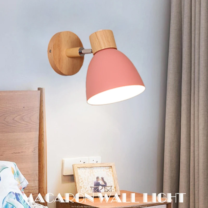 Nordic Wall Lamp Wooden Wall Sconce For Bedroom Living Room Home Lighting E27 Macaroon Bedside Wall Light With Switch Home Decor