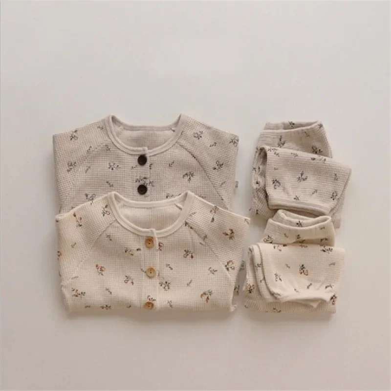 Cute Toddler Baby Clothes Sets 2pcs Fashion Girls Boys Long Sleeve Waffle Button Tops+leggings Pants Baby Set Outfits 0-24 M image 4