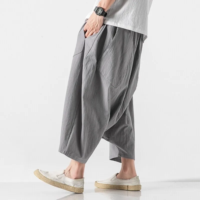 الرجال قطرة المنشعب الصليب السراويل القطن الكتان سراويلي حريمي الصيف ضوء رقيقة فضفاضة المتضخم الصلبة عادية بنطال ذو قصة أرجل واسعة الشارع الشهير الرجال