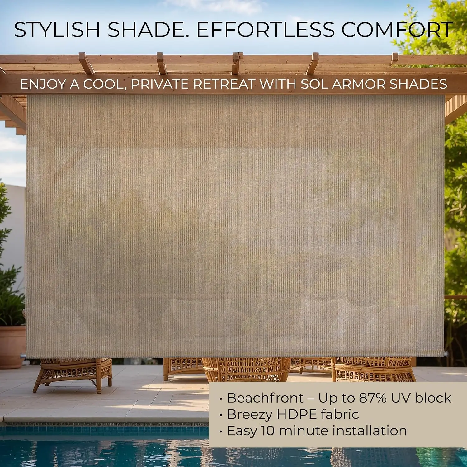 Outdoor Patio Roll Up Shade for Use on Exterior Porch, Patio, Window and More | High Density Polyethylene Privacy Screen Blocks