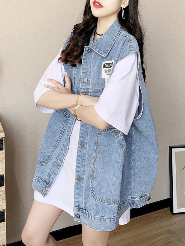 

plus Size Denim Vest 300 Pou Extra Large Women's Summer New Sle Loose Fit Jaet Korean Sle High Waist Cotton Blend