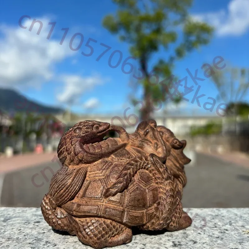 Hand-Carved Agarwood Xuan Wu Dragon Turtle Figurine - 3.9
