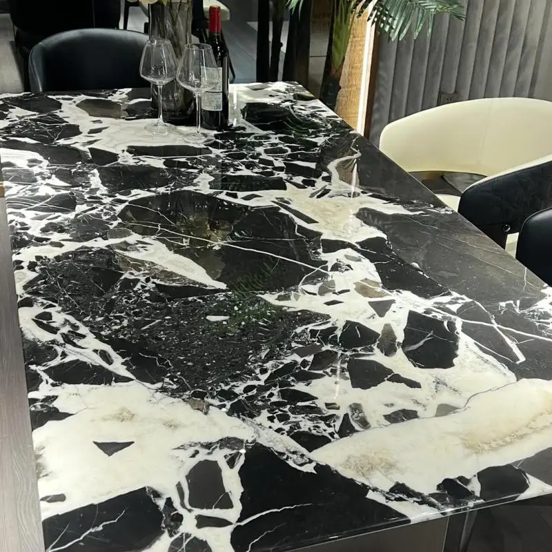 طاولة طعام فاخرة من الحجر البلاتيني الماسي الإيطالي الخفيف الفاخر عالي الإحساس من الحجر الطبيعي الفاخر طاولة طعام مربعة منزلية #5