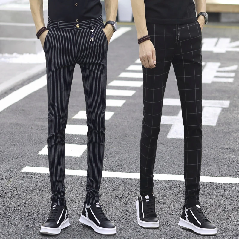 

New Men's Casual Pants Slim Fit Elastic Plaid Trendy Long Trousers Faionable Small Footed Pants Autumn Season Low Waist