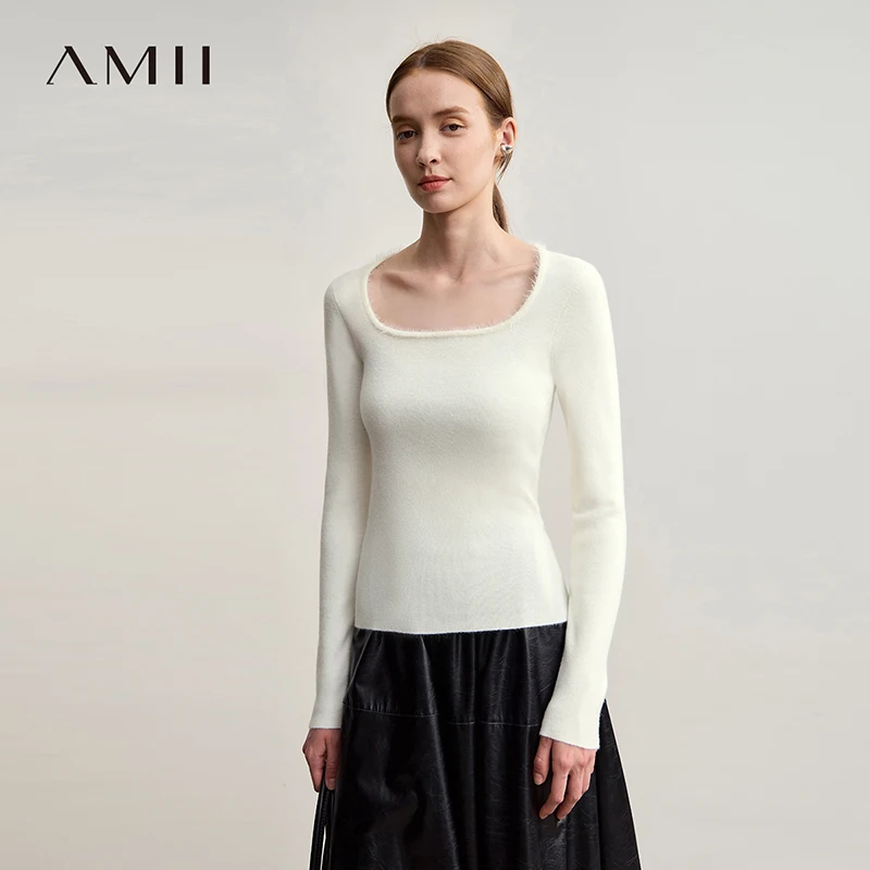 

Amii Sweater For Woman 2025 Winter New Modern Retro Square Collar Sweater Slim Solid Versatile Women's Long Sleeve Top 12544142